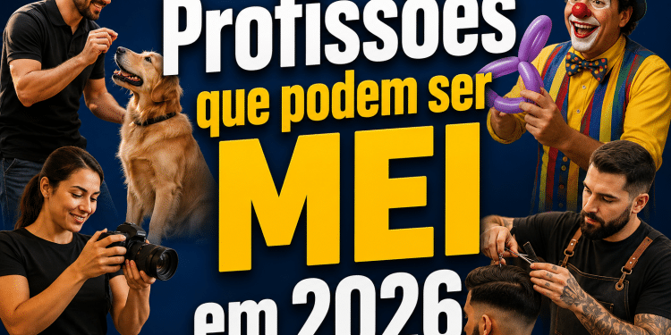 Adestrador, fotógrafa, palhaço e cabeleireiro representando profissões permitidas no MEI 2026.