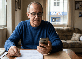 Homem idoso consulta o celular em casa para verificar a prova de vida do INSS, com agência da Caixa ao fundo.