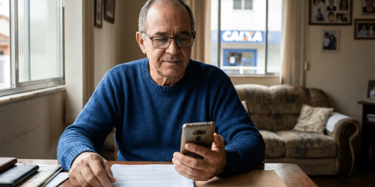 Homem idoso consulta o celular em casa para verificar a prova de vida do INSS, com agência da Caixa ao fundo.