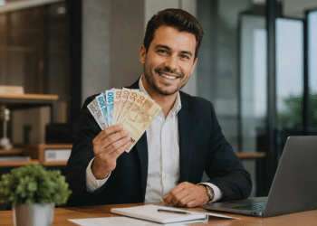 Homem de terno sorri segurando um leque de notas de real enquanto está sentado à mesa com um notebook