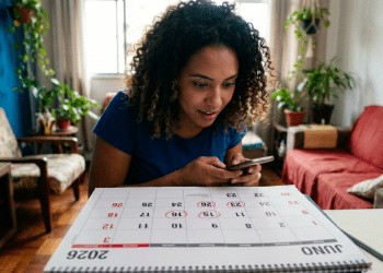 Mulher consulta o celular diante de um calendário de junho de 2026 sobre a mesa