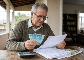 Aposentado segura notas de dinheiro e analisa extrato do INSS, em referência ao teto da Previdência de R$ 8.475,55 em 2026.