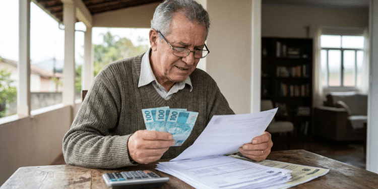 Aposentado segura notas de dinheiro e analisa extrato do INSS, em referência ao teto da Previdência de R$ 8.475,55 em 2026.