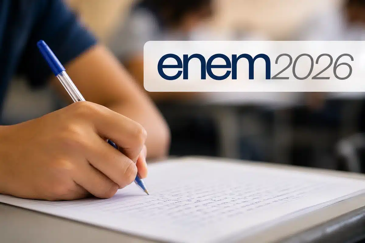 Mão de estudante escrevendo redação durante prova do Enem, representando a realização desta etapa no primeiro dia do exame em 2026.