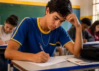 Estudante concentrado fazendo prova, representando o dia de realização da redação do Enem 2026.
