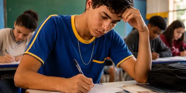 Estudante concentrado fazendo prova, representando o dia de realização da redação do Enem 2026.