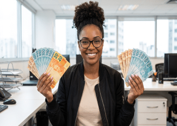 Mulher negra sorrindo com óculos exibe notas de 20, 50 e 100 reais em leque nas duas mãos em ambiente corporativo, simbolizando as opções renda extra disponíveis para quem é CLT.