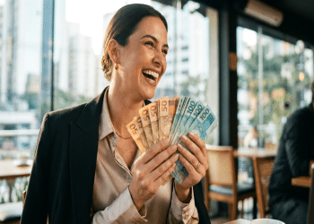 Mulher de blazer preto e blusa bege ri segurando leque de notas de 50 e 100 reais em restaurante urbano, simbolizando as opções de renda extra para quem trabalha um turno.