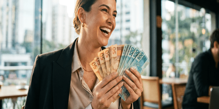 Mulher de blazer preto e blusa bege ri segurando leque de notas de 50 e 100 reais em restaurante urbano, simbolizando as opções de renda extra para quem trabalha um turno.