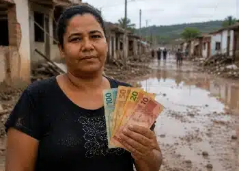Mulher atingida por enchente segura notas de dinheiro em área destruída, representando os próximos repasses do Auxílio Reconstrução.