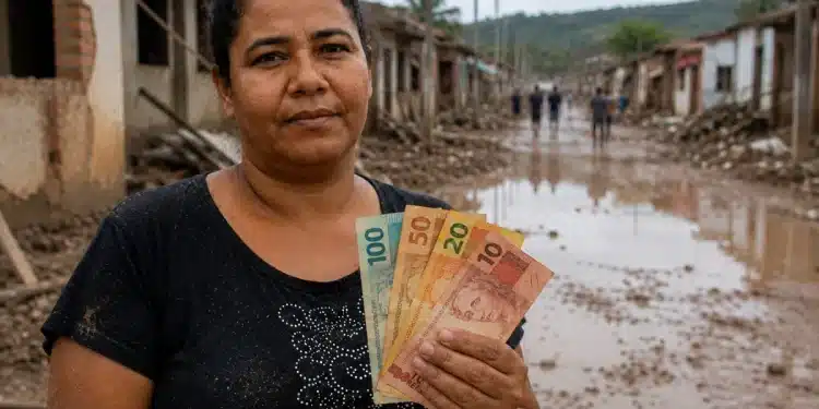 Mulher atingida por enchente segura notas de dinheiro em área destruída, representando os próximos repasses do Auxílio Reconstrução.