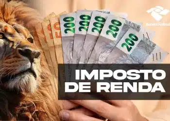 Leão de perfil ao lado de notas de R$ 200 e R$ 50 em leque, com texto Imposto de Renda e logo da Receita Federal