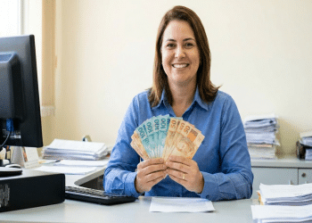 Mulher de camisa azul segura notas de R$100, R$50 e R$20 em leque, sorrindo em mesa de escritório com computador e documentos, simbolizando o salário de um auxiliar administrativo.