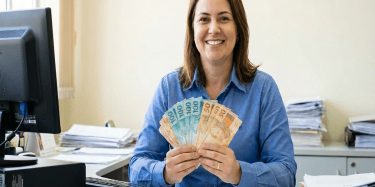 Mulher de camisa azul segura notas de R$100, R$50 e R$20 em leque, sorrindo em mesa de escritório com computador e documentos, simbolizando o salário de um auxiliar administrativo.