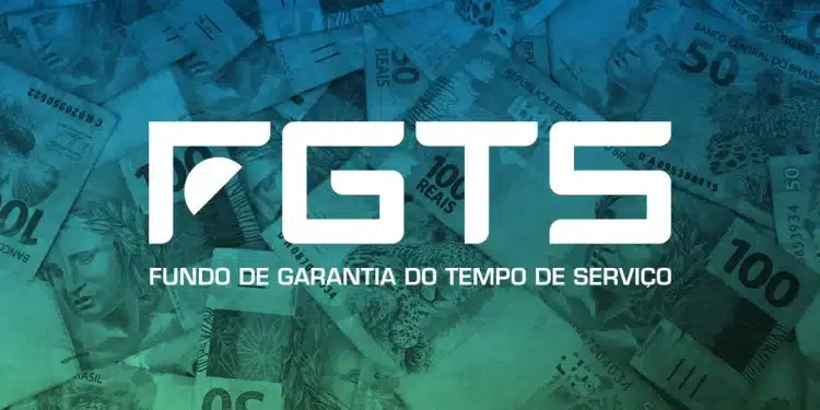 Logo do FGTS sobre fundo com notas de dinheiro representando saque do benefício