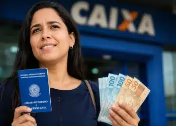 Mulher segurando carteira de trabalho e notas de reais em frente à Caixa, em referência ao saque-aniversário do FGTS 2026.