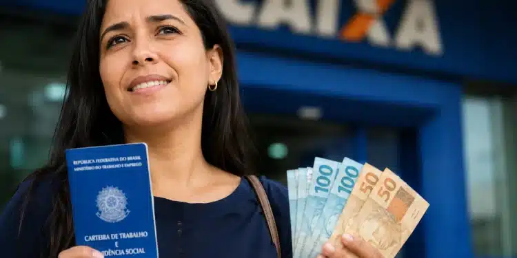 Mulher segurando carteira de trabalho e notas de reais em frente à Caixa, em referência ao saque-aniversário do FGTS 2026.