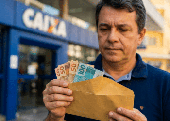 Homem em frente à agência da Caixa Econômica Federal segura envelope com dinheiro, em referência ao Saque Calamidade do FGTS liberado em 2026.