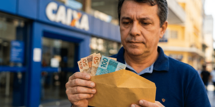 Homem em frente à agência da Caixa Econômica Federal segura envelope com dinheiro, em referência ao Saque Calamidade do FGTS liberado em 2026.
