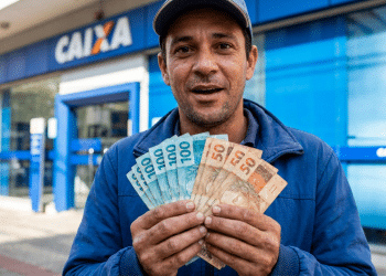 Trabalhador segura notas de real em frente a uma agência da Caixa após receber o Saque Calamidade do FGTS