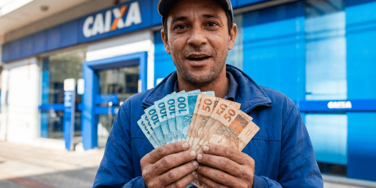 Trabalhador segura notas de real em frente a uma agência da Caixa após receber o Saque Calamidade do FGTS
