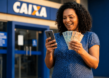 Mulher sorri em frente a uma agência da Caixa ao solicitar pelo celular o Saque Calamidade do FGTS e segura notas de R$ 100 e R$ 50