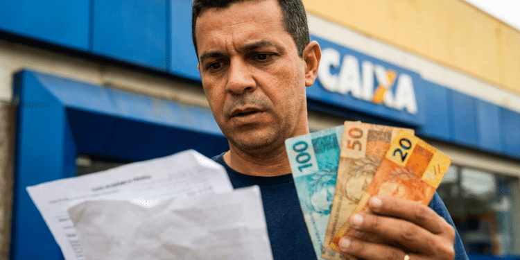 Homem confere papel em frente a uma agência da Caixa segurando notas de R$ 100, R$ 50 e R$ 20, em referência ao Saque Calamidade do FGTS.