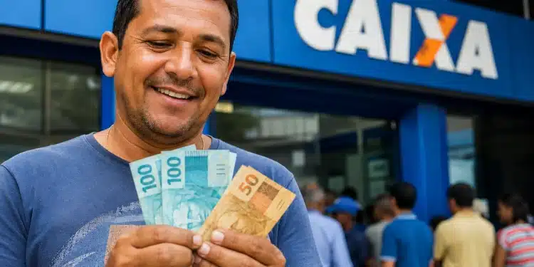Homem sorrindo, segurando notas de real em frente à Caixa, representando o saque de R$ 1.028,01 liberado para CPFs com finais de 0 a 9.