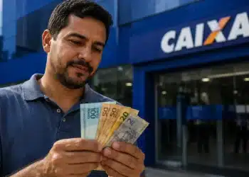 Homem conferindo cédulas de real em frente à Caixa, representando saque de até R$ 6.220 liberado para solicitação nesta terça-feira, 19 de maio.