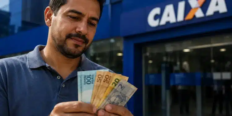 Homem conferindo cédulas de real em frente à Caixa, representando saque de até R$ 6.220 liberado para solicitação nesta terça-feira, 19 de maio.