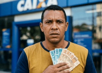 Homem segura notas de real junto ao peito e, ao redor, a fachada azul de uma agência da Caixa