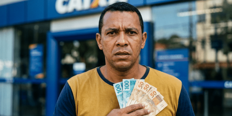 Homem segura notas de real junto ao peito e, ao redor, a fachada azul de uma agência da Caixa