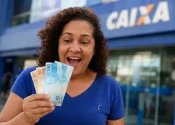 Mulher feliz segurando notas de dinheiro em frente a uma agência da CAIXA, destacando saque de R$ 6.220 disponível até 30 de maio.