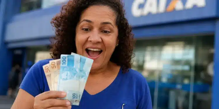 Mulher feliz segurando notas de dinheiro em frente a uma agência da CAIXA, destacando saque de R$ 6.220 disponível até 30 de maio.