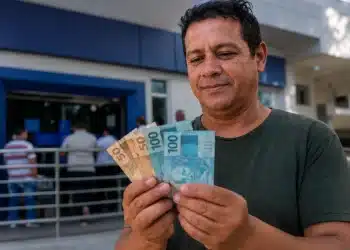 Trabalhador brasileiro segurando notas de real em frente a agência bancária, simbolizando o saque residual do FGTS liberado para milhões de beneficiários em maio de 2026.