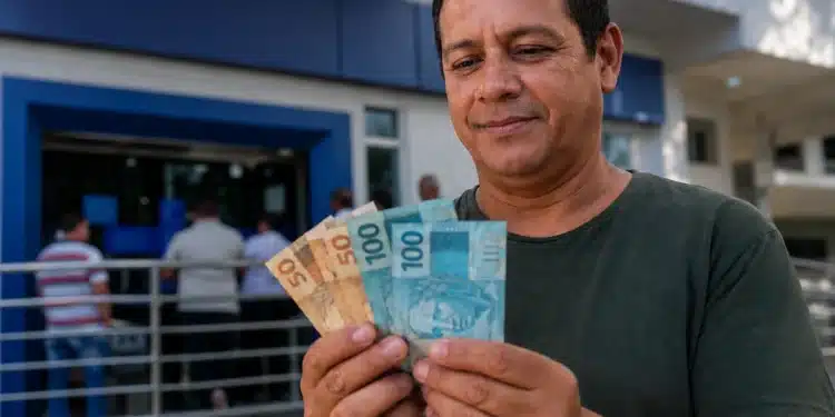 Trabalhador brasileiro segurando notas de real em frente a agência bancária, simbolizando o saque residual do FGTS liberado para milhões de beneficiários em maio de 2026.