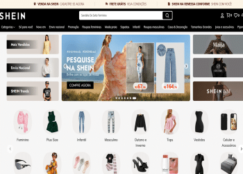 Página inicial da SHEIN Brasil exibindo promoções, categorias de produtos e selo Remessa Conforme, simbolizando o fim da "taxa das blusinhas".