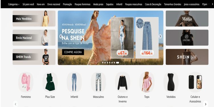 Página inicial da SHEIN Brasil exibindo promoções, categorias de produtos e selo Remessa Conforme, simbolizando o fim da "taxa das blusinhas".
