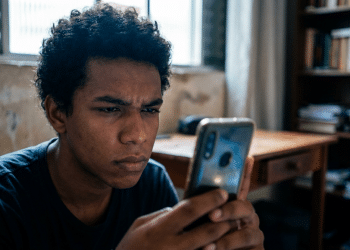 Jovem usa o celular com expressão concentrada e, ao redor, a escrivaninha e a estante de um quarto