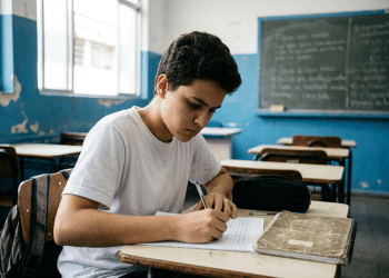 Jovem estudante do ensino médio escreve em caderno pautado dentro da sala de aula enquanto treina temas de redação para o Enem 2026