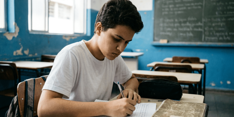Jovem estudante do ensino médio escreve em caderno pautado dentro da sala de aula enquanto treina temas de redação para o Enem 2026