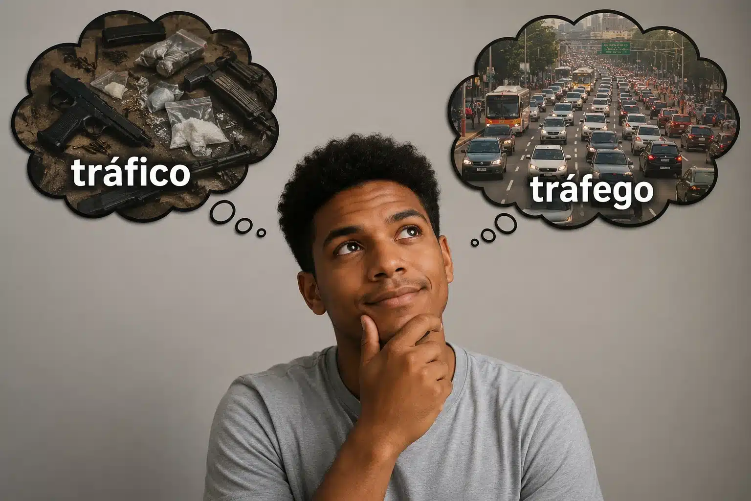 Homem em dúvida entre as palavras tráfico e tráfego, representadas por imagens de comércio ilegal e trânsito intenso.