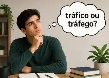 Pessoa pensativa olhando para um balão com a pergunta “tráfico ou tráfego?”, representando uma dúvida comum de português.