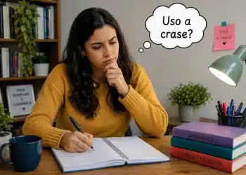 Pessoa escrevendo em um caderno com expressão de dúvida sobre o uso da crase.