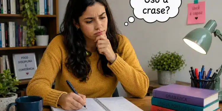 Pessoa escrevendo em um caderno com expressão de dúvida sobre o uso da crase.