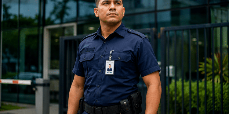 Vigilante com uniforme azul-marinho e crachá de identificação em frente a prédio comercial com fachada de vidro.