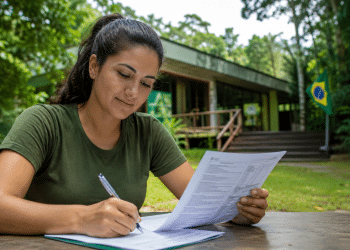 Mulher de camiseta verde escreve em formulário com caneta, segurando documento, em área externa com construção e bandeira do Brasil.