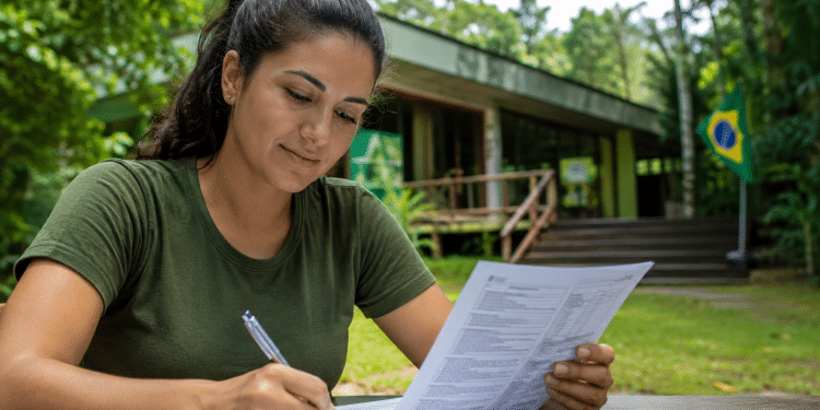 Mulher de camiseta verde escreve em formulário com caneta, segurando documento, em área externa com construção e bandeira do Brasil.