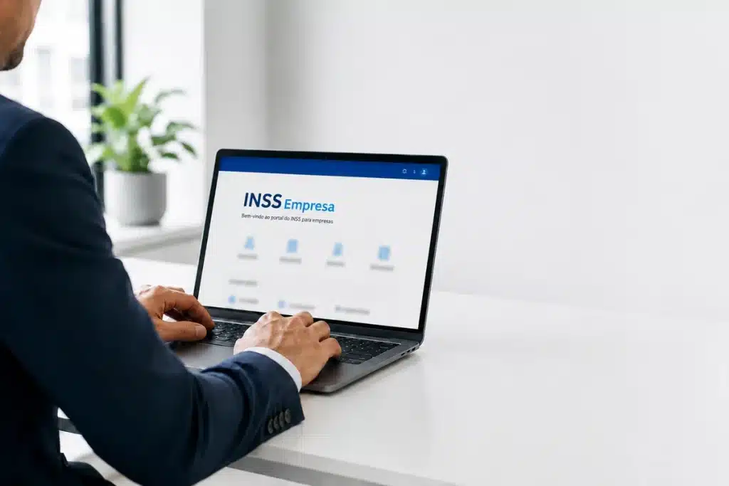 Homem utilizando notebook com acesso ao INSS Empresa, representando melhorias na consulta online de benefícios e afastamentos.