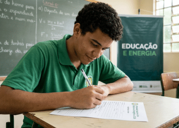 Estudante de camiseta verde preenche ficha em sala de aula, em preparação para a Olimpíada Nacional de Eficiência Energética 2026.
